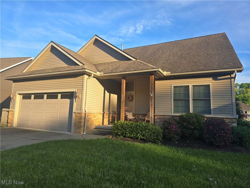 Quality constructed three bedroom, 2 bath ranch home.  The open floor plan will welcome you upon entry . A full unfinished basement with newer water heater and many possibilities for additional square feet. Beautiful kitchen with appliances, plenty of cabinetry and breakfast bar. Dining room opens to outdoor patio overlooking spacious community grounds. Master suite offers tub, separate shower, double sinks and wonderful walk in closet. The great room has a beautiful gas fireplace with window surround and ceiling fan. A two car attached garage with water and garage door opener, a covered front porch for sitting and talking to the neighbors as they pass by.  This community has a large pond (stocked), walking distance to the Towpath Trail and a community area pavilion and play park. Seller offering flooring allowance with accepted offer.