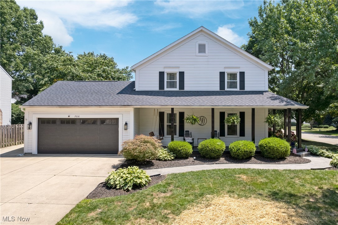Discover your Dream home because This is it. The Farmhouse style colonial features a 3-car wide drive so there's always plenty of Parking. Stroll along the stamped concrete walkway which leads to wraparound porch with oversized windows and etched glass entry door. This home has so much curb appeal. Step inside this meticulously maintained home and you're instantly aware that you've arrived in something special. The neutral tones throughout lend perfectly to the countless updates. Amazing fully updated Kitchen with newer LVT flooring, Center island with granite and breakfast bar and newer black stainless appliances. The whole first floor flows from the Kitchen. The formal Dining Room has a trayed ceiling, crown molding that extends thru the Living Room. The huge Family Room has wood ceiling beams and gas fireplace and easy access to half Bath and laundry area. The spacious 2nd floor has an oversized Master Suite with walk-in closet and full Master Bath. The 3 additional Bedrooms are large with double closets and ceiling fans. The full Basement is finished with half Bath, glass block windows and ample storage area. Wow just when you think it can't get much better. So many updates: roof, gutters/gutter guards - 2023, patio - 2023, LVP flooring - 2024, furnace - 2022, hot water tank - 2025, garage door - 2023. Enjoy the backyard oasis that includes an inground saltwater pool and newer 40 ft. concrete patio for your outdoor dining, relaxation and recreation. This is the perfect family home!
