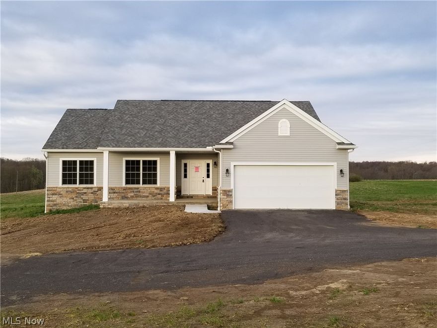 BRAND NEW CONSTRUCTION! 2018 Wayne Homes Custom Built Ranch on a level 5 Acre Lot! Great location, easy access, and cable is being installed in the area currently. Home features open concept floor plan with brick fireplace, kitchen pantry, cabinets have pull-outs, large master bath, walk-in closets,  painted trim and arch doors throughout, and Pella windows. The third bedroom has French doors and can be used as an office. There is a full basement for plenty of extra space or future living area, and covered rear patio to enjoy the scenic countryside views. This home comes with the Wayne Homes warranty. Taxes are yet to be determined. Call to view this New Country Home!