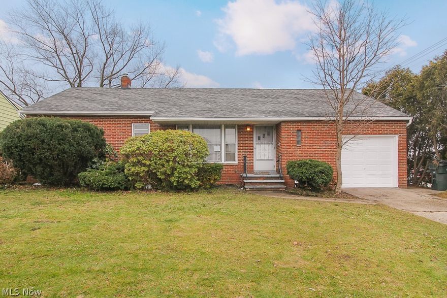 This lovely ranch home in South Euclid is the perfect find for first time homebuyers or someone looking to add their own personal touches to their home! The home has a spacious interior with a great layout and has plenty of potential to bring out! The ranch features beautiful hardwood floors that gleam in the bright light from the large front picture window and continue throughout the home. The main floor also has a large eat-in kitchen with tons of cabinet space that wraps around the room with fridge and stove as well! There are 3 bedrooms, all conveniently located on the 1st floor along with the full bathroom. Get even more space from the finished basement with built-in bar and half bath, laundry area, storage space and even a great work area with workbench! There's also a covered rear patio, attached single car garage and central air conditioning as well! Plus, a brand new roof is being installed! This move-in ready home is also in a great location! Within walking distance to multip