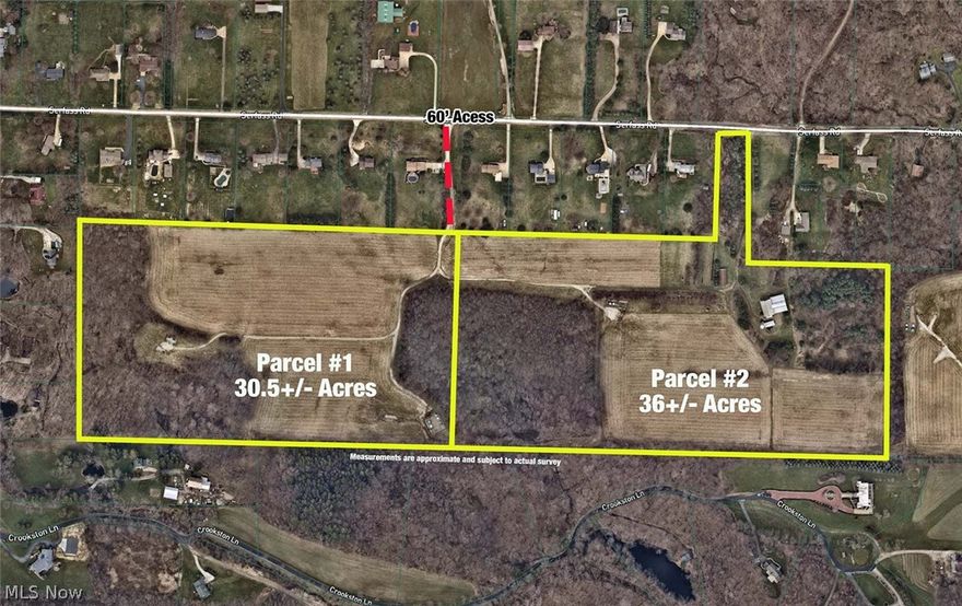 66 Acres Open/Wooded - Authentic Bank Barn & Shop – Park-Like Setting - Offered In 2 Parcels - Northwest LSD - Summit County - ABSOLUTE AUCTION, all sells to the highest bidders. ONLINE BIDDING BEGINS TUESDAY – APRIL 5, 2022 – 12:00 PM and AUCTION LIVE ON-SITE BIDDING WILL BEGIN FRIDAY - APRIL 8, 2022 - 12:30 PM. Real Estate: 66.5 acres of gently rolling land, park-like setting. Half-open cropland, balance wooded. Good elevation, well-drained. Authentic bank barn adaptable to a multitude of uses. 30’ x 60’ shop with finished man cave or she-shed. Limited free gas per lease, mineral rights owned by seller to transfer. This is a one-of-a-kind property, must-see! Walk at your convenience to find your future homesite. Summit Co. parcel #2701123.
DIVIDED AS FOLLOWS: PARCEL 1: Approx. 30.5 acres open/wooded land. 60 ft. wide access from Serfass Rd. Existing oil well driveways for your convenience. Potential future homesite. PARCEL 2: Approx. 36 acres open/wooded land. 156 ft. frontage off S
