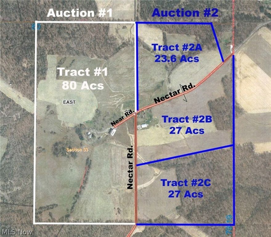 Partition of Real Estate – Court Order - Known As Clifford McKarns Farm - Farms & Land & Home – 220 Acres – Carroll & Columbiana Counties - All sells on location: SATURDAY - JUNE 3, 2017 – 10:30 AM - Real Estate Sells First - AUCTION #2 – East Twp. – Carroll Co. – Parcel #11-0000259.000 – 77.63-acre adjoining farm – 5297 Nectar Rd. - 1,155 sq ft ranch home with 2 bedrooms. Oil heat, pole barn, block garage – timber – pasture – nice tillable farm land. Offered in 3 parcels and as unit selling the way it brings the most. Divided as follows: Parcel #2A – 23.6 acres land north side of Nectar Rd. – woods, pasture, and farm land. Parcel #2B – 27 acres land – 2/3 tillable, balance wooded plus ranch home – block garage & pole barn. Well and older septic. Parcel #2C – 27 acres land – 70% wooded with timber. Gas & oil minerals do not transfer. Note: All sold from sale #1 location. TERMS ON REAL ESTATE: 10% down auction day, balance due at closing. A 10% buyer’s premium will be added to the highe