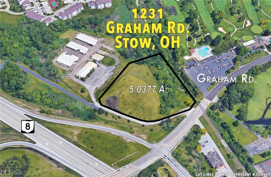 5.0377 Acres for sale adjacent to Silver Lake Country Club and RT 8 in Stow, Ohio. Property features freeway frontage of RT 8 and is zoned commercial, ideal for mixed office/retail space. Prime location.