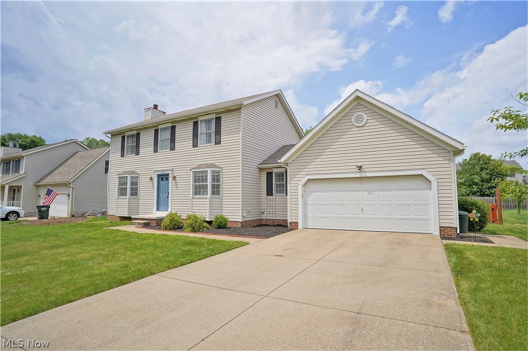 Welcome to this nicely update colonial home! This center hall floor plan leads you to the oversized great room with vinyl/laminate flooring and a gas fireplace. A lovely bay window accents both the front of the great room and the dining room. The bright and cheering kitchen has patio doors leading to the rear patio that overlooks the fenced (2021) backyard. There is a first floor laundry room with LVT tile flooring as well as a half bath also with LVT flooring. The second floor boasts a large vaulted owner's suite with a remodeled owner’s private bath that was remodeled in Spring of 2022. There are 2 remaining bedrooms and a full bath completing the 2nd floor. The lower level/basement is partially finished and has an office and rec room or whatever you would like it to be! Lots of updates throughout this home. Newer Front door offering great curb appeal! The dishwasher and refrigerator was purchased in 2018. Quartz countertops were installed in March 2019. The furnace and air condition