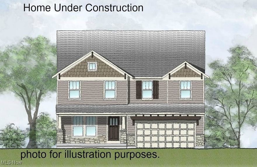 New construction by Drees Homes in the desirable Spring Hill Villas community in Green, Ohio. The Northwood plan offers 4 bedrooms, 2.5 baths, a Home Office, and a Dining/Flex Room. Corner lot with peaceful pond views. Light and bright exterior with cedar-wrapped wood columns and black garage doors for standout curb appeal. The Family Room features a gas fireplace with a full-height stone surround. The kitchen includes a gas range, arctic white backsplash, warm Quill cabinetry with matte black hardware, and Calacatta quartz countertops. The Primary Bath features a soaking tub, frameless glass shower, and designer mirrors. Luxury vinyl plank flooring throughout main areas, soft carpet in bedrooms and Game Room. Wainscoting in Foyer and Dining Room. Energy-efficient tankless gas water heater.