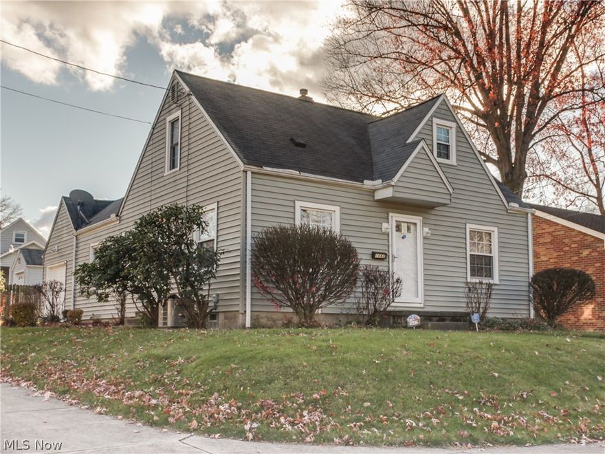 Great location! Great price! Great opportunity! Home has been well cared for by private owner.  The bathroom has been remodeled. All new plumbing installed. Newer hot water heater in home. Owner also had new garage door and opener installed. This adorable cape cod has been freshly painted and has all newer carpet throughout. Unique feature in the larger eat in area off the galley style kitchen. This is a gorgeous 3 bedroom home on a corner lot in East Akron.