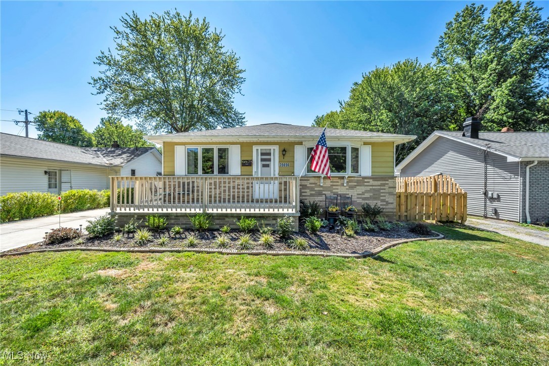 Welcome to the ease of one-floor living just minutes from the lake. This 3-bedroom, 1.5-bath ranch has been thoughtfully cared for and offers a comfortable blend of charm and updates. The spacious living room features a large bay window that fills the home with natural light, while hardwood floors extend through the main living and bedroom areas. The eat-in kitchen provides a welcoming space for everyday dining with newer vinyl plank flooring. The updated full bath adds a fresh touch, and the well-maintained basement provides flexibility with an additional room—ideal for a bedroom, office, or hobby space—plus ample storage. Outside, enjoy a front porch, large concrete patio, and beautifully landscaped yard. A privacy fence, detached garage, and storage shed add convenience, while updates including a new driveway, garage door, front porch, and newer mechanicals provide peace of mind. Move-in ready and full of character, this home is a place you’ll be proud to call your own.
