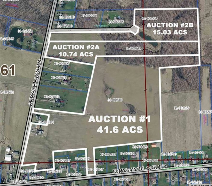 69+ Acres of Land Sold in Parcels, Trumbull Co., Bazetta Twp., Lakeview Schools. Auction #1: 41.6 Acres With 40 X 48 Shop & Barn. Auction #2: 10.7 Acre & 15 Acre Adjoining Parcels with Lake, Adjacent to Auction #1, Also 2.5 Acres with Pond on North Park Ave. Live Auction with Online Bidding Available.  To settle the estate, all sells from Auction #1 Location: 2822 Durst Clagg Rd., Warren, OH 44481. ONLINE BIDDING BEGINS FRIDAY, SEPTEMBER 13, 2024 – 12:00 PM and AUCTION LIVE ON-SITE BIDDING WILL BEGIN TUESDAY, SEPTEMBER 17, 2024, 6:00 PM. Auction #1. 41+ acres of open farmland, over 90% tillable with frontage on Durst Clagg Rd. and Johnson Plank Rd. The small wooded area in the back. Well drive access to the back. Improvements include a 40 X 48 metal shop building, insulated, Reznor heat, 3 overhead doors, two 10 X 10, and one 14 X 16. 220 electric, circle drive with turn around. 44 X 90 pole barn with metal siding and roof. The front is clear-span with a high opening, a separate drive from the shop. Nice parcel in a good area. Could be divided. Auction #2. Parcel #2A. 10.74 acres vacant land, open in front balance wooded. Frontage on Durst Clagg Rd. Parcel #2B. 15.03 acres. Open tillable in front and woods in back. Access on Durst Clagg Rd. and Katie Dr. Both 2A & 2B have a shared pond that extends on both parcels #2A & #2B join Auction #1. Nice building lots. Buy one or both. Parcel #2C. 2.5 acres on North Park Ave. just south of Johnson Plank Rd./Champion Ave. with pond. The land is open, nice building site. Champion Township and Champion Schools. Auction By Order Of The William Kloboves Estate. Trumbull Co. Case #2023EST0795 and EZ Acres LLC Et al - For the other parcels see the following MLS numbers #5065868(1), 5065870(2A), 5065873(2B), 5065878(2C).