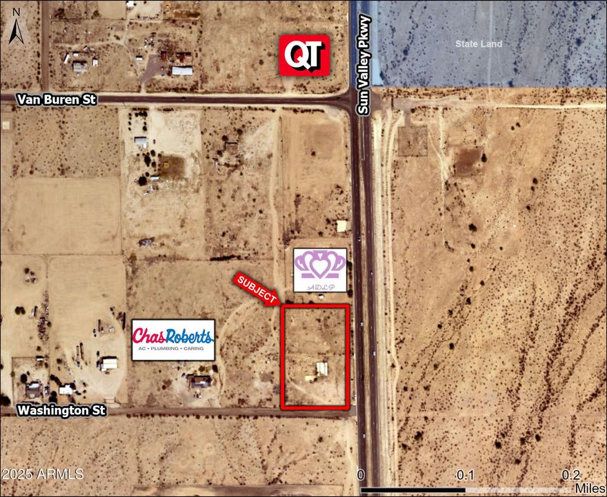 Excellent opportunity to develop commercial space in a vastly underserved part of West Buckeye.

Hard Corner of Washington & Sun Valley Pkwy.

Ability to exclusively serve the entire local population, including the sold out 2,918 lot Tartesso Community to the North, the 336 lot West Phoenix Estates community to the West, as well as the incoming 100,000 home Teravalis community, who's residents will all access their homes via the Sun Valley Pkwy. As of today, the entire existing local population (approximately 10,000 people) travel to I-10 & Watson for the nearest commercial service.

Teravalis, formerly known as Douglas Ranch, began construction on 10/28/2022 and will reportedly create 1.5 jobs for every home.