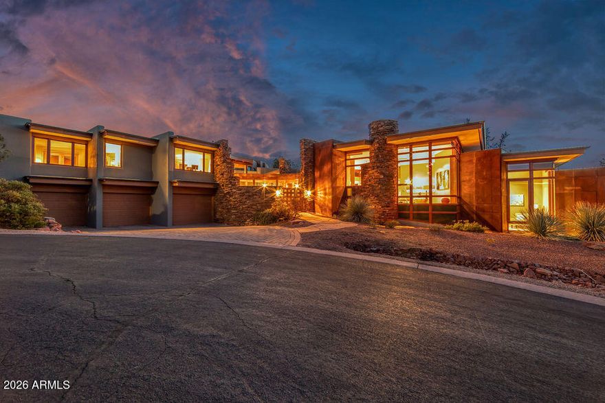 Exclusive luxury in Sedona's premier gated Casa Contenta awaits at 113 Calle Marguerite--a stunning custom home masterfully designed by renowned Design Group Architects, renowned for harmonizing sophisticated architecture with the dramatic red rock landscape. The main residence features 3 spacious bedrooms and 3.5 luxurious bathrooms in an open, flowing layout that captures breathtaking panoramic red rock views from nearly every angle, complemented by a fully separate guest house offering 2 bedrooms and 1 full bathroom ideal for guests, family, or a private retreat. Enjoy a convenient 3-car garage and your personal oasis: a heated lap pool with automatic cover and brand-new equipment for effortless year-round swimming surrounded by iconic scenery. All furnishings and artwork are available.