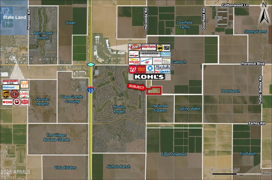Property is well located just south of the southeast corner of Florence Blvd. and Hacienda Road. Property is planned for 700 RV Storage spaces, approved in City of Casa Grande. Submit all offers.