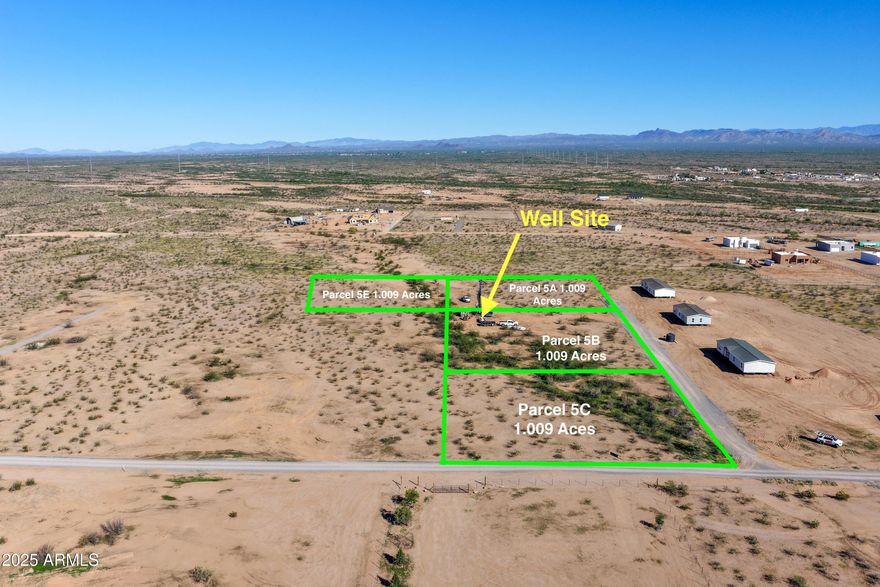 1.009-acre parcel APN: 503-30-393B
This build ready property includes a share of full usage to a brand new productive well with 620 ft of PVC. Terrain is flat with minimal wash issues. Power is now adjacent to the property line, and roads provide good access. No flood issues and no Luke Air Force Base restrictions. Owner is motivated for a quick sale. 


 (Parcel 5B, C, E per attached survey are also available.