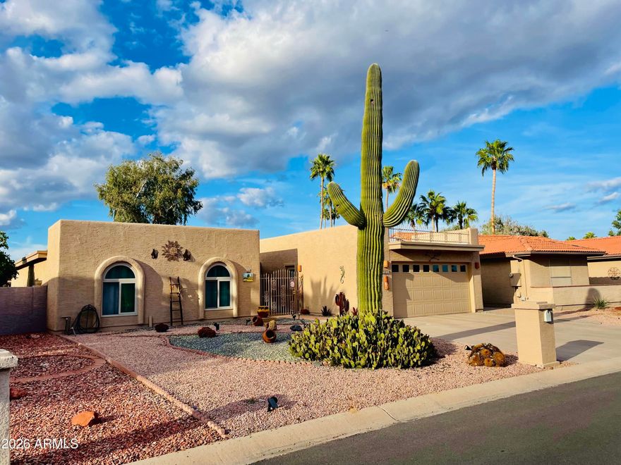 LAKE VIEWS!  REMODELED KITCHEN! Welcome to this popular Alameda model in the vibrant active adult community of Cottonwood in Sun Lakes.  Previous owner added 236 sf of office space with an exterior entrance.  Secure covered golf cart parking on side behind the gate.  Enjoy star gazing on the rooftop deck.  Beautiful backyard patio and gazebo to enjoy the lake views and the amazing sunsets.  Updates galore.  New garage door opener 2026.  Full kitchen remodel, gutters, exterior paint & freshly sealed roof in 2025.  New HVAC 2020.  New mini split, RO system, tankless water heater in 2019.  2018 water softener.  Dual paned windows & gate in 2017.  Golf, 7 pickle ball & 7 tennis courts, fitness center, 5 pools, restaurants, clubs, & countless social activities all included for one low HOA fee.