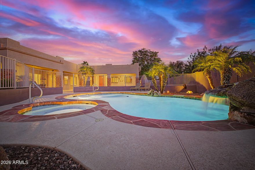 Rare luxury estate in the gated community of JJ Ranch featuring a new roof, resurfaced pool, detached casita, gated RV parking, and resort-style backyard on a spacious 1/3-acre lot. This beautifully maintained semi-custom single-story home offers 4 bedrooms, 2.5 bathrooms, spacious living areas, and a 3-car garage with ample storage. The detached casita with its own half bath is ideal for guests, multigenerational living, or a private office. Upgrades include plantation shutters, custom office cabinetry, surround sound, a wrought-iron entry door, and energy-efficient Integra block construction. A rare opportunity in one of Glendale's most desirable gated communities Detached private casita with half bath ideal for guests, multigenerational living, office, or flex space. Expansive 1/3 of an acre lot with gated RV parking and 3-car garage. Plenty of space for RVs, boats, recreational vehicles, trailers, and outdoor toys.  Resort-style backyard featuring sparkling pool, spa, outdoor entertaining areas, and mature landscaping. Interior upgrades include: granite countertops, tile backsplash, plantation wood shutters, custom office cabinetry, high-end surround sound system, artisan-crafted wrought-iron entry door, and energy-efficient Integra block construction. Major improvements include a new roof, HVAC, pool equipment upgrades, and rain gutters. Located in the highly sought-after gated community of JJ Ranch near hiking, dining, shopping, and top-rated schools. See the documents tab for a list of upgrades
