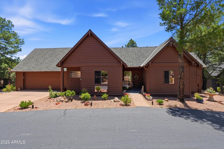Escape the desert heat and discover your own mountain retreat in the heart of Payson. Nestled among the towering pines of the prestigious guard-gated Chaparral Pines community, this beautifully maintained 2-bedroom, 2-bath home offers 1,364 square feet of inviting single-level living designed for comfort, relaxation, and easy mountain living.

Often enjoying temperatures approximately 15 degrees cooler than the Valley, this property is the perfect full-time residence, seasonal getaway, or lock-and-leave escape from the Phoenix heat. Inside, soaring vaulted ceilings, expansive windows, abundant natural light, and a dramatic floor-to-ceiling stone fireplace with Quadra-fire pellet stove (2023 )create a warm and welcoming atmosphere with true mountain-lodge character. The open-concept living and dining spaces flow seamlessly into the kitchen, creating an ideal layout for entertaining or quiet evenings at home. Step outside to peaceful stone patios surrounded by mature pines, mountain air, and tranquil natural landscaping, perfect for morning coffee, evening wine, or simply unplugging and reconnecting with nature.

Located near golf, hiking trails, fishing lakes, and all the outdoor recreation Rim Country is known for, this home offers the ideal blend of serenity, lifestyle, and convenience within one of Payson's most sought-after communities.