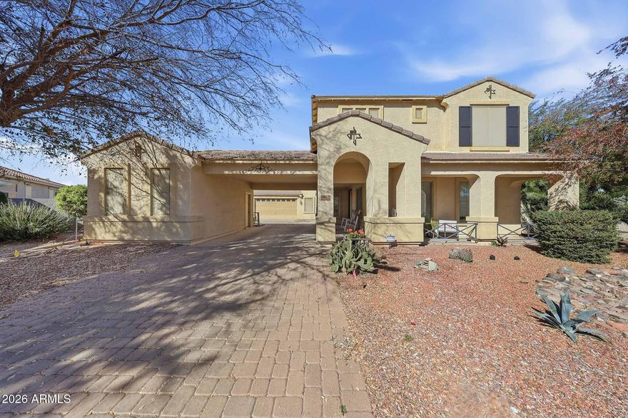 Curb appeal galore! This inviting home is thoughtfully designed for comfortable living and easy entertaining. From the charming front covered patio and courtyard to the expansive, beautifully landscaped backyard with a pool, fire pit, citrus trees, covered and extended patios, recreational track, and kids play area, the outdoor space truly shines. Inside, a well designed floor plan offers formal living and dining rooms, a spacious family room, and an open kitchen with island, gas range, wall oven, built in microwave, and walk in pantry. Upstairs features a loft and bedrooms, including a welcoming primary suite with French door entry, round coffered ceiling, and large walk in closet. Single plus two car garage with built in cabinets provides ample storage and parking.