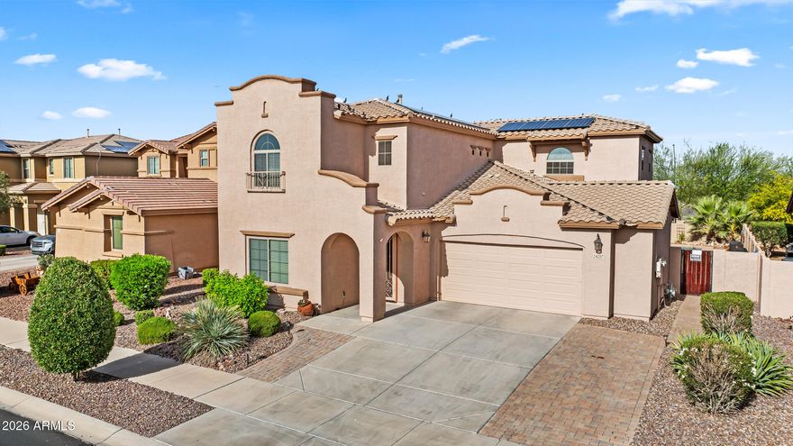 Resort living in this stunning 2-story 2810sqft home with a refreshing pool nestled on an oversized lot located in the growing community of Asante!
2 spacious primary suites with full bathrooms and walk in closets, 2 addtl bedrooms have an adjoining bathroom with separate vanities, luxury vinyl flooring, granite countertops, SS appliances, maple cabinets, flexible floor plan with multiple living/dining areas, extended garage with built in cabinets, epoxy flooring, extra pavers on driveway for addtl parking and solar panels. Dream backyard includes a sparkling pool with baja seating/water features, pavers, artificial grass, covered patio and gazebo for relaxing/entertaining, mature trees for privacy and no behind neighbors. Close proximity to parks, shops, dining and schools. It's a BEAUTY