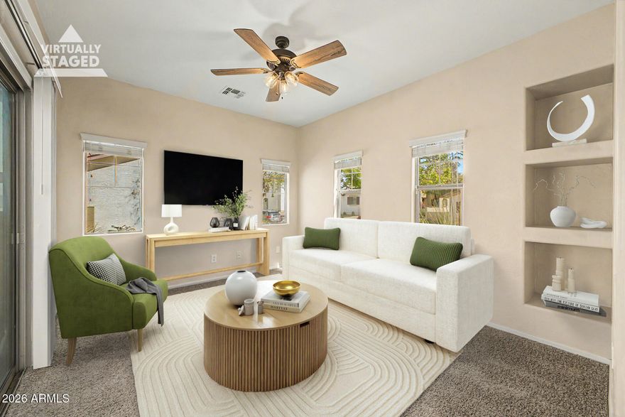 Discover A Rare Opportunity In Sought After NW Peoria That Blends Affordability With Prime Location! This Solar Powered Beauty Offers Downstairs Living Room w/New Paint & Carpet. Kitchen Displays Plenty Of Cabinets, Appliances & Dining Area Plus A Guest Powder Room! Upstairs Features New Laminate Flooring & Boasts 2 Bedrooms Both w/Full Ensuite Baths & View Windows. Convenient Upstairs Laundry Room w/Washer & Dryer. Relax In A Charming, Easy Care, Pavered Backyard Offering Effortless Access From The Two Sets Of Sliding Glass Doors In The Home. Perfectly Positioned On A N/S Facing Lot w/Two Car Tandem Garage & Close To Community Pool, Park, Trails & Play Area. Fabulous Location Near Shopping, Restaurants, Freeways & Top Peoria Schools.