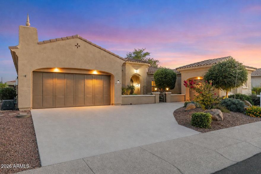 Welcome to luxury living in the highly sought-after gated 45+ community of Corte Bella Country Club! Nestled on a quiet, private street, this elegant Granada model with a rare 3-car garage offers the perfect blend of comfort, style, and functionality. Step inside to discover a beautifully upgraded interior featuring 18'' diagonal tile, plantation shutters, crown molding, fresh paint throughout and custom stone niches that add warmth and character throughout. The chef's kitchen is designed to impress with granite countertops, 42'' staggered cabinetry, double ovens, gas range, Blanco sink, and a convenient butler's pantry, ideal for both everyday living and entertaining. The spacious primary suite is a true retreat, showcasing custom tile work, dual sinks, a snail shower, large walk-in closet, and private patio access. Additional highlights include an updated powder room, remodeled Jack & Jill bath, central vacuum system, water softener, and solar! Enjoy Arizona living at its finest in the expansive covered patio with pavers, complete with a built-in BBQ and firepit, perfect for entertaining or relaxing year-round. Recently painted exterior adds to the home's pristine curb appeal. This is a must-see opportunity in one of Sun City West's premier communities!