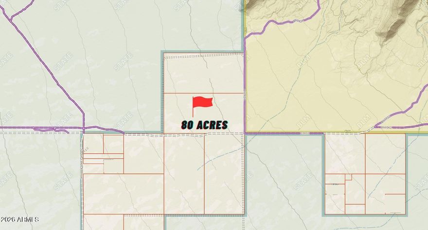 Discover 80 acres of open desert beauty at 33.263182, -112.344956, where endless skies meet sweeping Sonoran Desert views. This expansive property offers privacy, tranquility, and room to create your vision--whether it's a secluded ranch, off-grid retreat, recreational getaway, or long-term investment. Situated between BLM land and Arizona State Land, the parcel is surrounded by wide stretches of protected desert, enhancing the sense of space and seclusion. Native vegetation and panoramic horizons provide a stunning natural backdrop with unforgettable Arizona sunsets, all within reach of the greater Phoenix area. 🌵
