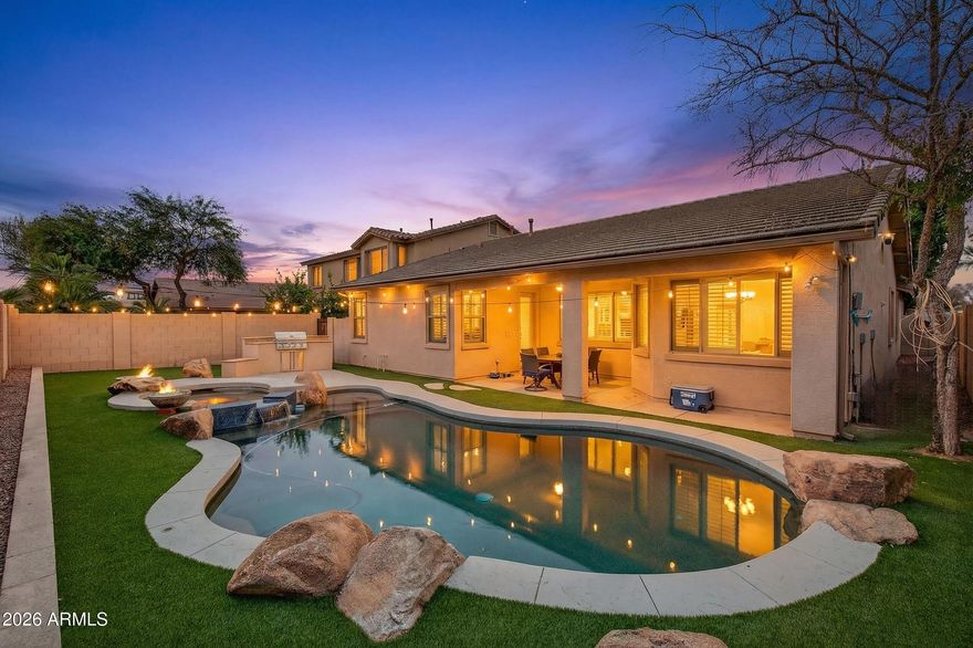 MOTIVATED SELLER offering $10,000 in seller concessions with full price offer. this beautiful home meets all your essential needs. Offering 4 beds, 2 baths, 2-car garage, RV gate, & a mature landscape. Discover an open den just off the front entry! You'll love the desirable great room paired with vaulted ceilings, neutral palette, plantation shutters, tile & wood-look flooring, & a media niche in the living area. The kitchen features quartz counters, a pantry, staggered cabinetry, a 2-tier island w/breakfast bar, and built-in appliances w/wall ovens. Main bedroom has backyard access and an ensuite with a separate tub/shower, dual vanities, & a walk-in closet. Enjoy year-round outdoor living in the backyard, boasting a covered patio, built-in BBQ, and a pool & spa combo.
