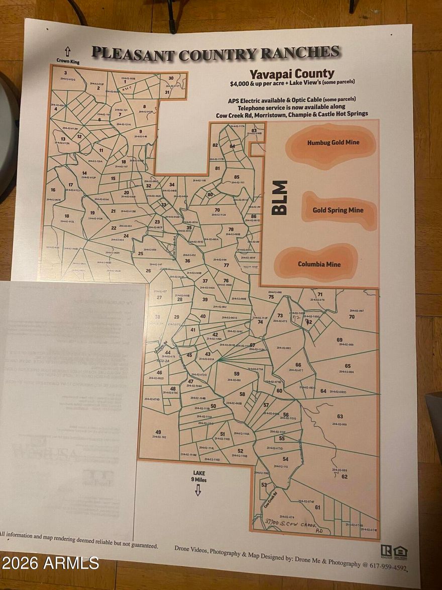 Best to make appt locked gate or you can walk around fence line to driveway and walk down to where the equipment ,truck is and that is parcel E  2 acres flat pad $62,500  ,B is $38500 also parcels D,C and A.  secluded views of Bradshaw Mountains and Black Hills.  Owner is a road contractor he will help you  with road and pad.
below is cottonwood creek and Heisman spring
OWNER WILL CARRY  WITH LOW PAYMENTS.
 approx 11 miles from end of lake (culvert bridge
Pleasant Harbor marina and sorpian Bay have restuarants,stores,camping boats fishing,etc)