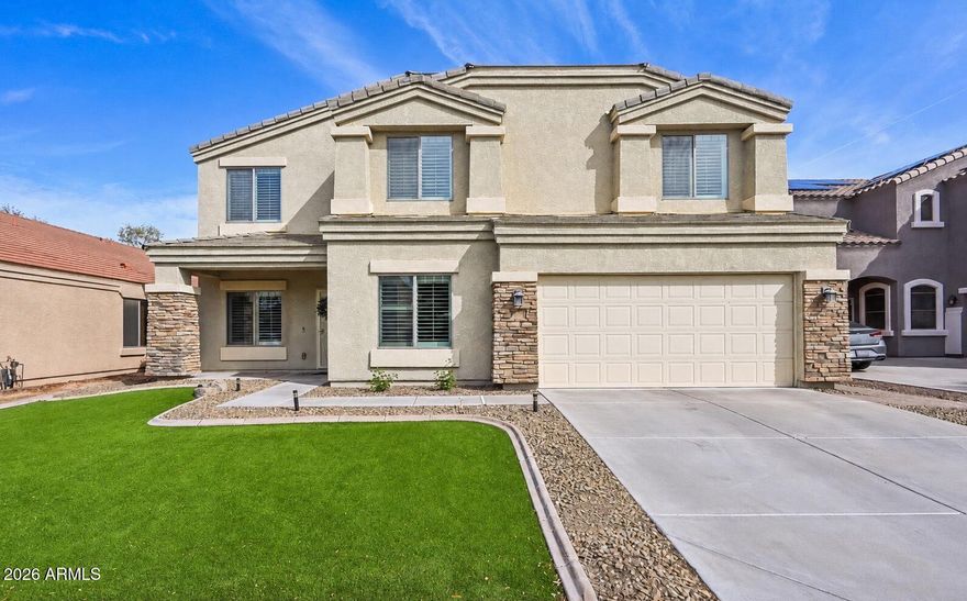 Move-in ready North Peoria pool home just in time .10 mins to Basis Peoria and 3 mins to Public school and Walmart. This spacious home features 5 bedrooms, downstairs office with built-ins, bonus room, upstairs loft, and an open floor plan. Kitchen includes a large island, granite countertops, stainless steel appliances, double pantry, and staggered cabinetry. Updated  freshly painted kitchen cabinets and paint in multiple bedrooms. Plantation shutters and newer wood-look laminate flooring throughout. Spacious primary suite with walk-in shower and soaking tub.  tandem 3-car garage. This home features fully paid-off solar panels  a 2024 new roof, a new water heater, RO drinking water system, and a whole-house water softener. also Garage floor Epoxy, A Must-See! Please use Aligned to scheulde showing. Its Vacant . Supra attached on left side of buiilding