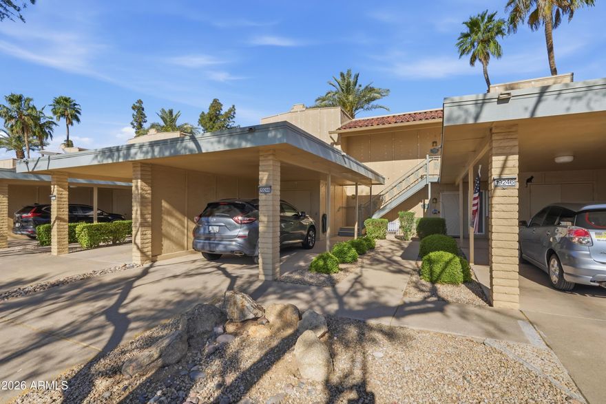 A lovely upper floor unit  with a wall converted to windows, this space gives you  sweeping panoramic views of Hillcrest Golf Course & spectacular mountain views!  Updated kitchen and bathroom spaces offer granite counters and tile backsplashes with a look of modern elegance. A dedicated covered car space with a golf cart-accessible garage offers variety for transport to the nearby active living amenities. Nestled in the heart of Sun City West, this property offers excellent opportunity and location for a multitude of living experiences.