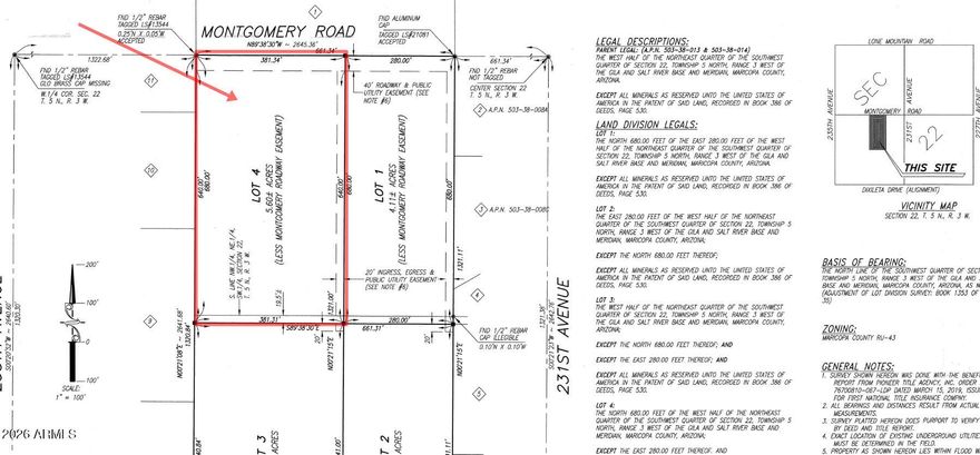 Really nice set up for a builder in a very hot area of Wittmann!  Situated next to a development of particularly nice custom homes, this site will yield similarly distinctive lots with nice views and excellent access.  Wash provides some character to potential lots.  Some flood but plenty of room to build homes.  This is an oversized lot at nearly 6 acres per county, but survey shows 5.6 as surveyor already subtracted Montgomery Rd roadway.  This is a great opportunity for a builder with adjacent already having sold for $750K+!  Its a nice area, with many homes going in, and alternate accesses getting better all the time.  Don't miss out on this high character parcel!
