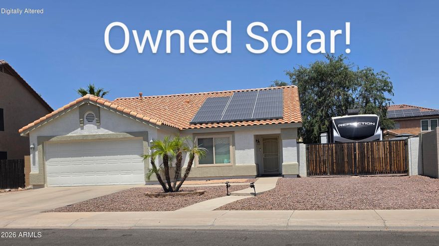 No HOA! This well-maintained 3-bedroom, 2-bath home features owned solar for low electric bills, a large RV gate, and an oversized north/south exposure lot with room for boats, trailers, and toys. Updated kitchen includes granite counters and stainless steel appliances. Newer vinyl frame windows with Low-E glass and A/C updated in 2019 add energy efficiency. The spacious primary bath has been beautifully remodeled with new cabinetry and a custom shower. Conveniently located close to schools, parks, restaurants, shopping, and easy access to the 303 freeway.