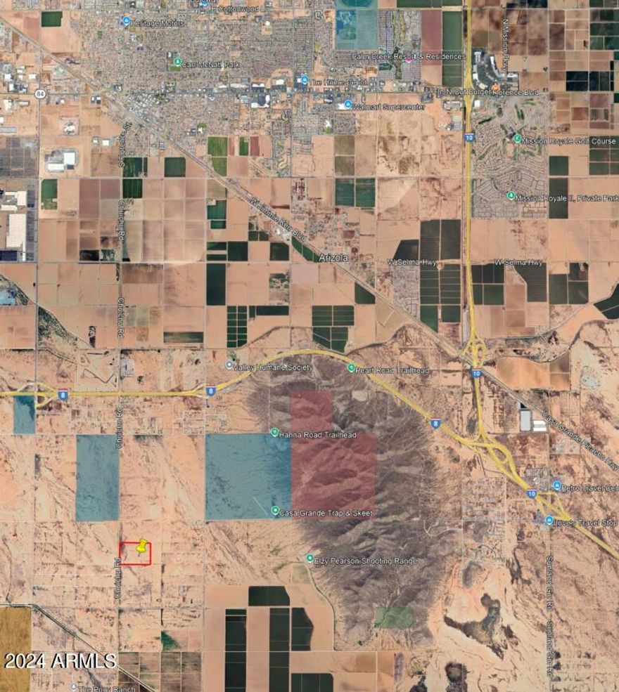Vacant land south of downtown Casa Grande, Az.   Lots of new industrial and residential developments in the Casa Grande area.  Recorded survey shows a potential split into 4 parcels.  Any split needs to be completed with Casa Grande planning department. This land is located in the city limits and in an AZ Opportunity Zone. Good access and visibility. The alignment for the proposed future Interstate 11 runs along Chui Chu Road. Power lines at the south part of the property. Buyer to verify all information.