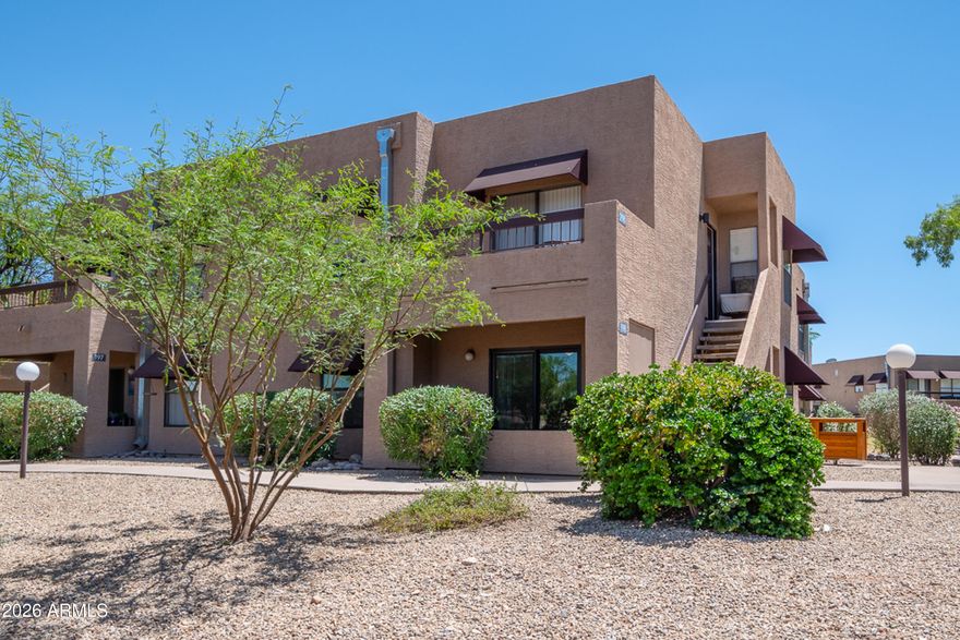 Enjoy resort-style living at Quail Run in the heart of Fountain Hills. This beautifully furnished, move-in ready ground-floor condominium offers 696 sq. ft. with 1 bedroom and 1 bathroom, perfectly positioned with desirable north/south exposure. Interior features include a spacious family room, eat-in kitchen, inside laundry with stacked washer and dryer, and a primary suite with private bath. Relax on the private north-facing patio overlooking the peaceful community setting. Quail Run amenities include a heated pool, spa, and community center. Ideal as a winter retreat, investment property, or full-time residence, conveniently located minutes from Fountain Park, golf courses, restaurants, shopping, and grocery stores. Property sold furnished.