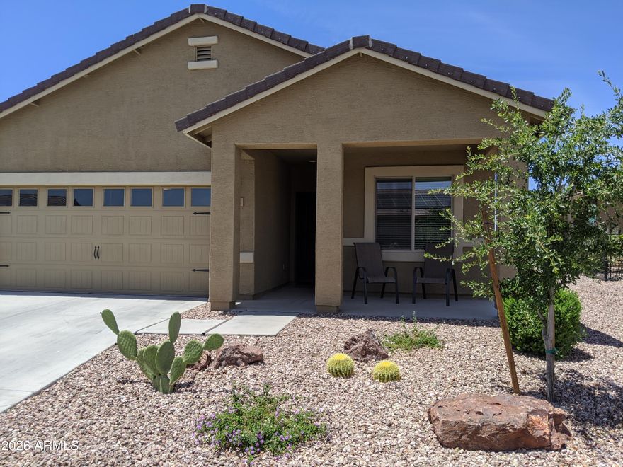 Golf Course Living & Mountain Views! Experience breathtaking sunsets from this move-in-ready gem on the 14th hole Tee Box in the premier Sundance 55+ community. This home features a modern interior with plank wood-look ceramic tile & brand-new bedroom carpet (2026). The kitchen does stand out with white cabinetry (pull-out shelves), engineered stone countertops, tile backsplash, and Whirlpool stainless steel appliances. Relax in the great room showcasing a custom dry-stack entertainment wall, or step out to the private paver patio and fully fenced yard.
Includes refrigerator, washer/dryer, Reverse Osmosis, and water softener. Sundance residents enjoy championship golf, 2 pools, a fitness center, and 8 pickleball courts. Perfectly located minutes from I-10, the new Verrado Marketplace, and Costco. Turn-key luxury in the heart of Buckeye!