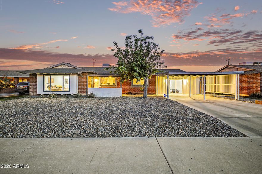 Fantastic opportunity to own this charming brick home with no HOA! You're welcomed by an attached carport and a low-maintenance front yard. Inside, you'll find an inviting open layout with a soothing palette, recessed lighting, and attractive wood-look flooring. You'll also find a formal dining room with skylights, perfect for hosting unforgettable dinner gatherings. The well-appointed kitchen comes with quartz counters, white shaker cabinets, a tile backsplash, stainless steel appliances, and a peninsula with a breakfast bar. The primary bedroom showcases soft carpeting, sliding door access to the backyard, and a private bathroom for added comfort. Enjoy enchanting sunsets in the lovely backyard, boasting a spacious patio and a refreshing pool. Make this gem yours today!
