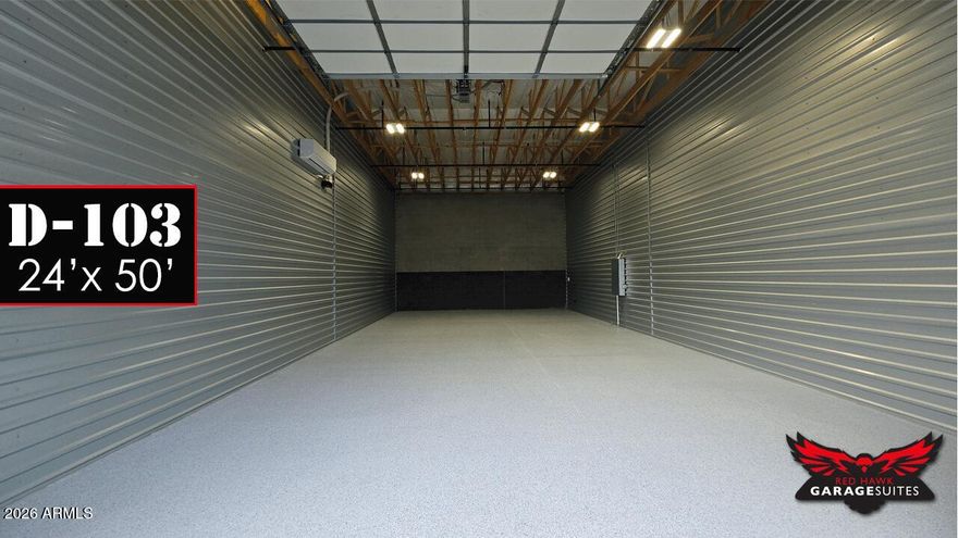 Secure, Private, Climate-Controlled, Luxury Garage Suite in a prime location. Block and Steel built, Heat-Insulated, 3-Ton A/C, with 14x14 power doors, LED lighting, High-Performance Epoxy floors, Steel Man-door, 120V power panel, and pre-stubbed for bathroom. Enjoy an Unlimited array of additional customization options.

Community amenities include; 24/7 Gated access, Member's Only Clubhouse, Cigar Lounge, RV Wash, RV Dump, Roof Deck, Outdoor patios, 50 foot wide drive aisles, and round the clock video surveillance. Ownership at Red Hawk means joining an elite group of adventure minded people, your fellow luxury garage owners. That's the best amenity of all.

Dreams Cars deserve Dream Homes.