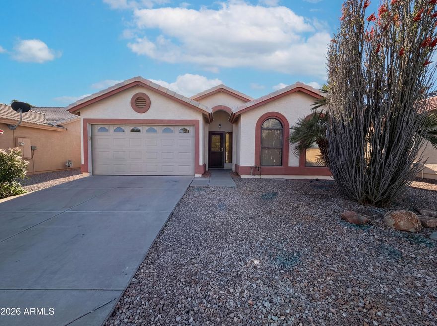 55+ age restricted community. Step into 25210 S Wyoming Ave  a charming home nestled in the heart of Sun Lakes, a wonderful 55+ Active Adult Community! The interior kitchen contains an accent backsplash and all stainless steel appliances. The primary bedroom features a walk in closet. Exterior space provides a covered patio leading to a fenced in backyard. Indulge in the resort-like amenities. Residents enjoy access to golf courses, heated pools and spas, fitness centers, tennis and pickleball courts, clubhouses, restaurants, and social clubs, plus miles of walking and biking paths around the lakes. Included 100-Day Home Warranty with buyer activation