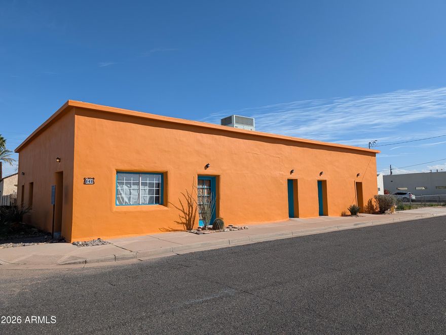 Situated in Downtown Florence, in the heart of the historic district, is this circa 1880 Sonoran Row House.  ZONED COMMERCIAL/RESIDENTIAL! This adobe home is listed on the National Register of Historic Places and boasts historic architectural details throughout. From thick load-bearing adobe walls to high ceilings with exposed weathered wood beams and built-in niches, this home is a rare opportunity to own a piece of Florence's history. In addition to the two bedrooms half-bath in the main house, an enclosed renovated bath featuring a tiled and round pebble-floored custom 68''x34'' shower is conveniently located in the courtyard area. The outdoor area showcases two patio areas suitable for dining and entertaining in the beautiful Arizona sun. The original flat top roof has been reinforced with additional rafter beams in the main portion, while the outside roof covering has been replaced and topped with two 10-year coats of elastomeric for added durability.  Shops, restaurants, art gallery, the post office, and community center/library are all within comfortable walking distance.