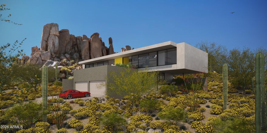 TO BE BUILT. Own a Modern Masterpiece nestled in the boulder outcroppings on Troon Mountain. Designed by Internationally acclaimed architect Michael P. Johnson / retired Taliesin Professor of 28 years. Located on the Southeast Side of Troon Mountain this 5000 sq. ft. home is sculpted by the desert & designed for light. 2 level home with an elevator. The lower level has 2 primary suites, access to the 4 car garage & elevator. The main living area has 2 primary suites that are cantilevered above the private patios of lower level guest suites.  The great room plan has open space for dining, home office & conversation seating areas. 38' lap pool with views to the Rio Verde Valley & McDowell Mountains. Full outdoor kitchen & covered dining terrace. ALSO SEE MLS 6944519. Taxes on vacant land.