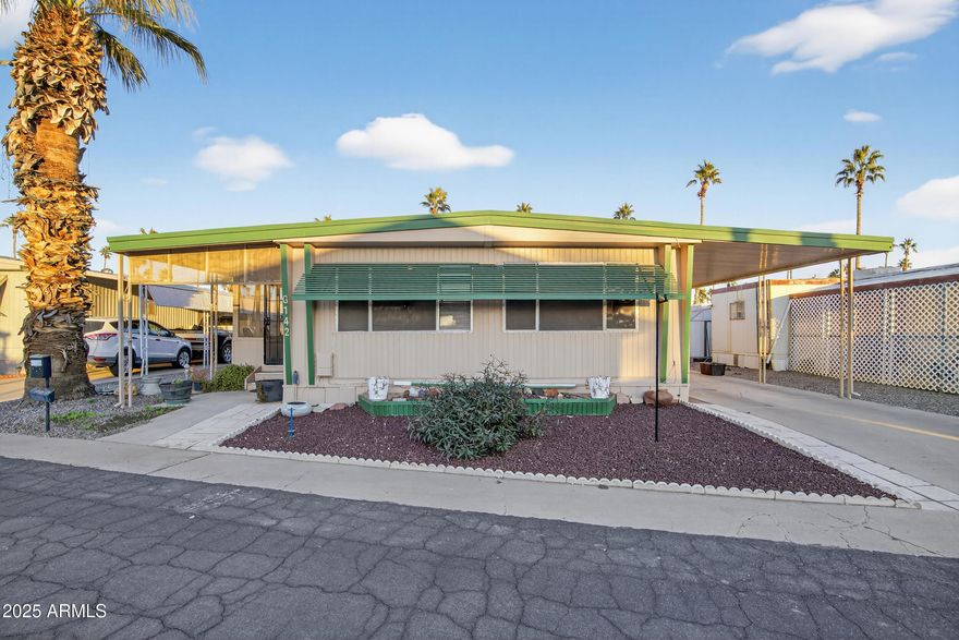This clean and comfortable 2-bed, 2-bath home is located in Palm Shadows, a quiet 55+ retirement community, and offers 1,152 sq ft of easy, low-maintenance living. A newly installed 2025 AC unit adds peace of mind, while the inviting sunroom/porch areas provide peaceful spaces for quiet mornings or unwinding in the evening. Palm Shadows offers a relaxed lifestyle with amenities including a pool, fitness center, game room, billiards, shuffleboard, and RV options. Enjoy convenient access to top medical facilities—Banner Thunderbird and Dignity Health are just minutes away—along with a prime central Glendale location close to major roads, shopping, dining, and local entertainment.