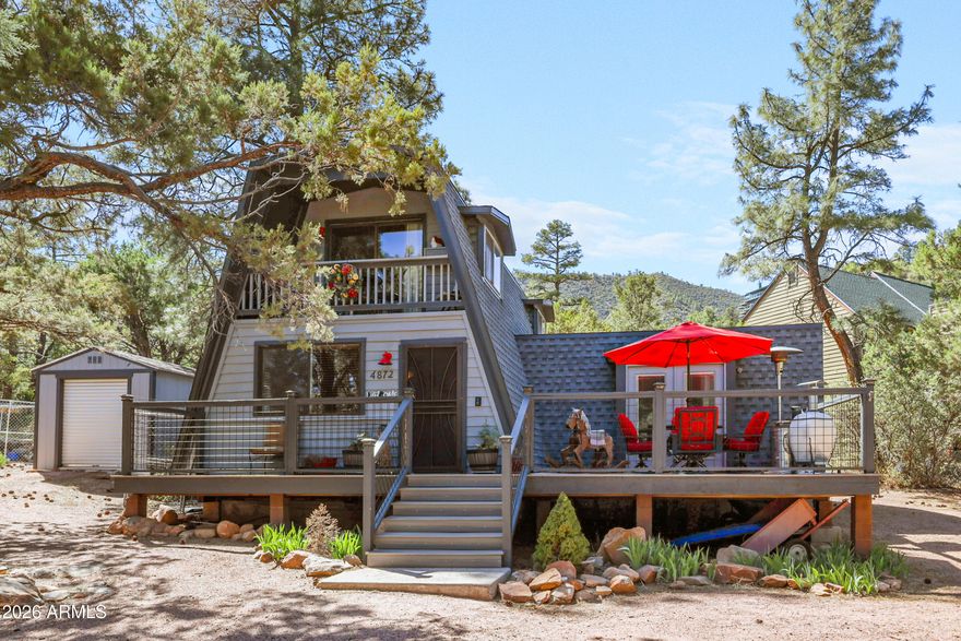 Escape to the cool mountain air in this distinctive A-Frame cabin, situated on nearly half an acre with Mogollon Rim views. This inviting cabin features a spacious main-level bedroom w/private access to front patio, plus two generous upstairs sleeping areas for family and guests.

Great room is filled with warm character, showcasing t&g wood accents & cozy fireplace. The thoughtfully designed kitchen is a standout, featuring a 5-burner Wolf range and breakfast bar.

Enjoy Summer living with expansive composite decking, shade awning, fire pit, multiple storage sheds, and ample level parking. Roof installed 2023. 
 
Whether you're seeking a full-time mountain home, weekend getaway, or vacation rental opportunity, this cabin delivers just the right blend of comfort, style, and outdoor l