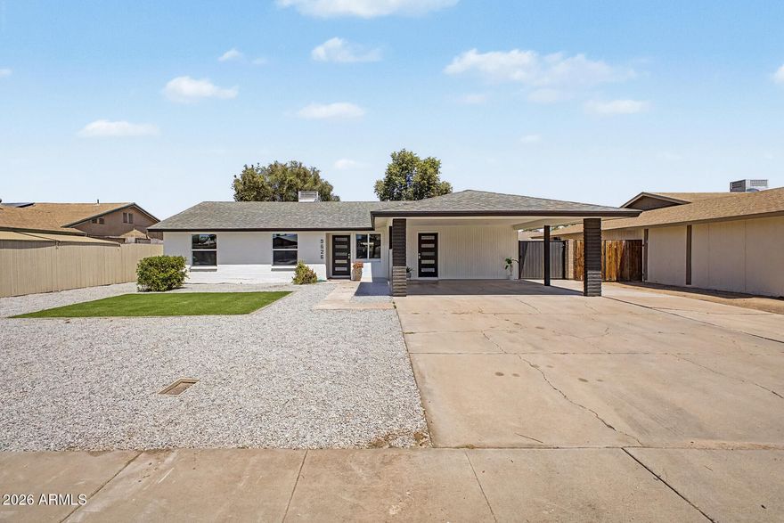 Gorgeous fully remodeled 3 bedroom, 2 bath home with a brand-new roof, located next to a park in a quiet neighborhood with NO HOA. This move-in ready home features a bright and airy open layout with wood-look tile flooring throughout, including all bedrooms. The upgraded kitchen offers quartz countertops, full backsplash, light gray cabinetry, top-of-the-line appliances including an induction stove, stainless steel refrigerator, and a spacious walk-in pantry. The home includes both a living room and family room, providing flexible space for entertaining or relaxing. The primary suite features a large walk-in closet with built-in shelving. Both bathrooms are beautifully updated with quartz countertops and tiled showers with 1 tub. Additional highlights include modern light fixtures, upgrade 5-lite panel front doors, and thoughtful finishes throughout. The exterior offers ample covered parking, an oversized side gate for trailers or toys, two storage sheds, and a large backyard with plenty of room to add a pool or design your ideal outdoor space. Conveniently located to Glendale Community College and Saguaro Park. Must see!