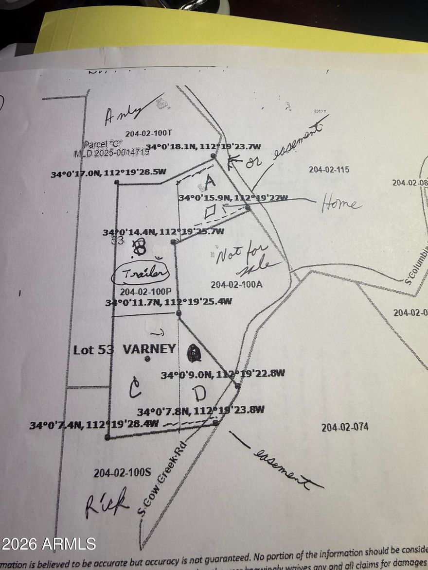 four 2 ac parcels for sale.  easy access off of cow creek rd.  Wells are on the owners parcels to the south and north of these properties.
Plenty of water.  Cow creek dam is across the road with wter all year round.  Approx ten miles from the end of the lake on gravel/dirt road you can make it in a car.  LOW DOWN PAYMENTS WITH OWNER CARRY.   BEAUTIFUL VOEW OF ROCK FORMATIONS AND MOUNTAINS ALL AROUND ALSO VIEW OF THE BRADSHAW MOUNTAINS.  Approx 50 people live in the area
and not far from the famous historical CASTLE HOT SPRINGS RESORT ONLY 7 MILES FROM THE LAKE..  VIDEOS AND PICTURES AVAIL LAKE VIEW PARCELS ALSO.