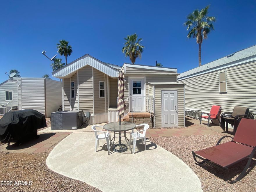 Well maintained and move-in ready! This meticulously kept winter home will not disappoint!  This 55+ land owned golf course resort is the best in the east valley and is close to hiking, biking, lakes and the Salt River! The Superstition Mtn. views are incredible!  The 400 sq ft home is built in 2006 and includes an Arizona bonus room with extra bathroom and inside laundry. Solid surface flooring, beautiful cabinetry, nicely furnished with an incredible covered patio and spacious parking. This resort has multiple pools, spas, tennis courts, pickle ball and much.... more! FREE park tours on request. Retirement living at an affordable price!