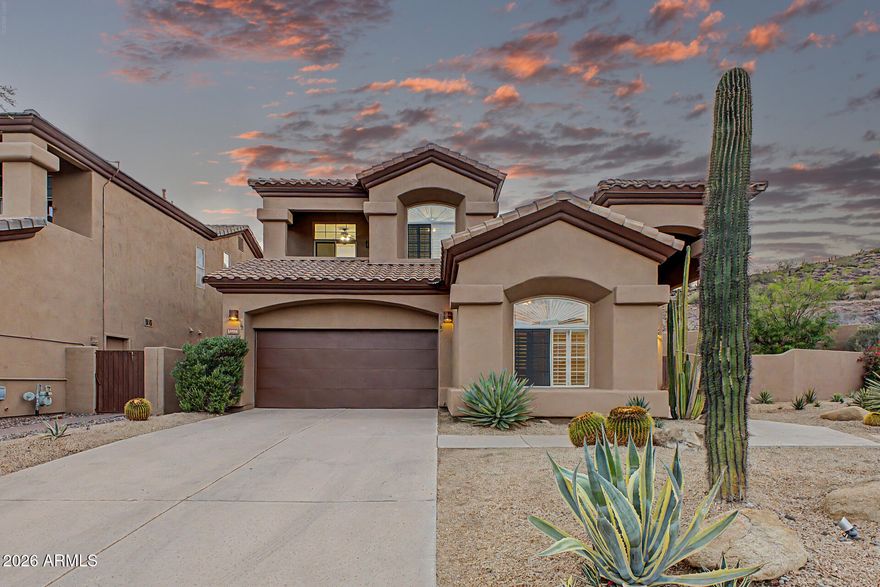 Private Scottsdale desert lifestyle with entertaining spaces, mountain views, and highly desirable schools near Foiuntain Hills.
Beautifully maintained home, cul-de-sac lot designed for entertaining, featuring a private pool retreat, fire feature, grilling area and seamless indoor - outdoor living.  
The home showcases plantation shutters throughout, a gas fireplace in the family room, and a beautifully updated kitchen with quartz countertops.
The primary suite includes a garden tub and  separate shower, walk in closet.
Front and back balconies provide additional stunning view
This home is close to hiking, biking, golf and desert recreation. Recent updates include exterior, newer roof, AC, pool equipment, saltless water softener and newer carpet.  This is a must-see home that truly has it all.