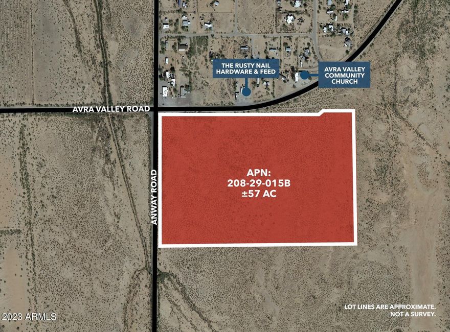 Rare +/- 57 acres in the Marana / Avra Valley AZ area. In the path of growth. Location, Location, Location!!! 57 flat acres on a section corner at the intersection of main east-west arterial Avra Valley Rd and major north-south paved Anway Rd in the fast-growing Avra Valley / Marana areas. Zoned RH (Rural Homestead) in Pima County. Many possible uses with electricity along the western boundary and level, easy to develop land. Commercial potential with businesses across the street. Develop an Equestrian business etc. Easy direct access to Marana, I-10 and Tucson. Near proposed future I-11 alignment. Great Investment / Speculative Buy.  Seller will allow time for a re-zoning if wanted by Buyer. Detailed Marketing package available. See virtual tour for a birds eye view!