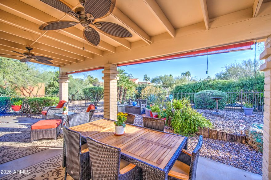 Move-in ready home on a rare, oversized and private cul-de-sac lot in the desirable Rio Verde active adult golf community. This well-maintained 3-bedroom, 2-bath home features vaulted ceilings, a cozy fireplace, and multiple sliding doors leading to a large wraparound covered patio that highlights the exceptionally private lot and outdoor living space. The kitchen includes granite countertops, stainless steel appliances, and a bright breakfast nook with patio access. Recent updates include luxury vinyl plank flooring, updated irrigation, and a newer water heater. The spacious primary suite offers dual sinks, soaking tub, separate shower, and walk-in closet. Located in Rio Verde, northeast of Scottsdale, an active 55+ golf community with abundant clubs, activities, and amenities. See more The expansive wraparound covered patio is a standout feature of the home, creating a wonderful space for outdoor dining, relaxing, and entertaining while enjoying the privacy of the oversized lot. Homes in Rio Verde rarely offer this much outdoor living space combined with such a large and private cul-de-sac lot, making the setting especially peaceful.

Property Highlights:
" Rare oversized and private cul-de-sac lot with mature desert landscaping
" Large wraparound covered patio ideal for outdoor living and entertaining
" Updated Luxury vinyl plank flooring
" Vaulted ceilings and great room with fireplace
" Granite countertops and stainless steel appliances
" Updated irrigation system and newer water heater

Rio Verde Community Lifestyle:
" Rio Verde is a 55+ active adult community located northeast of Scottsdale in the scenic Sonoran Desert
" Community amenities include a clubhouse, restaurant, community center, pool, spa, fitness room, library, and craft/art studio
" Tennis and pickleball courts, plus many recreational spaces and community activities
" Two 18-hole golf courses within the community (golf membership available separately)
" Golf-cart-friendly neighborhood with quiet streets and beautiful desert surroundings
" HOA includes access to most community amenities, with golf available as an optional membership
" 30-day minimum rental requirement
