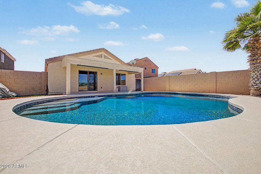 Welcome to this 3-bedroom, 2-bath home featuring a beautiful private pool with a built-in pop-up cleaning system and depth range of 3 ft, 5 ft, and 9 ft--perfect for relaxing or entertaining. With no neighbors behind, you'll enjoy added privacy and open views.
Inside, the home offers vaulted ceilings and ceiling fans throughout, creating a light and comfortable living space. The split floorplan provides added privacy, with a spacious primary suite that includes a dual vanity, separate shower, and soaking tub. New Garage door installed 2026. *Seller is offering up to $5,000 Flooring Credit*