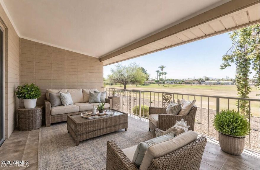 Located in the heart of Sun City, this remodeled 2-bedroom, 2-bath second-floor condo (with 2 elevators nearby) offers GOLF COURSE VIEWS and the perfect balance of comfort and low-maintenance living. Enjoy peaceful moments from your private balcony patio with views of the golf course, ideal for relaxing evenings, watching the sunset, or taking in the beauty of the surrounding landscape. Just a short walk or golf cart ride away from the community recreation center.  The center offers endless opportunities to stay active and connected, with golf, swimming, clubs, hobbies, and social events that make it easy to meet friends and enjoy each day to the fullest.  Designed for effortless living, this apartment-style condo features 2 elevator access points, 1 covered assigned parking space, and