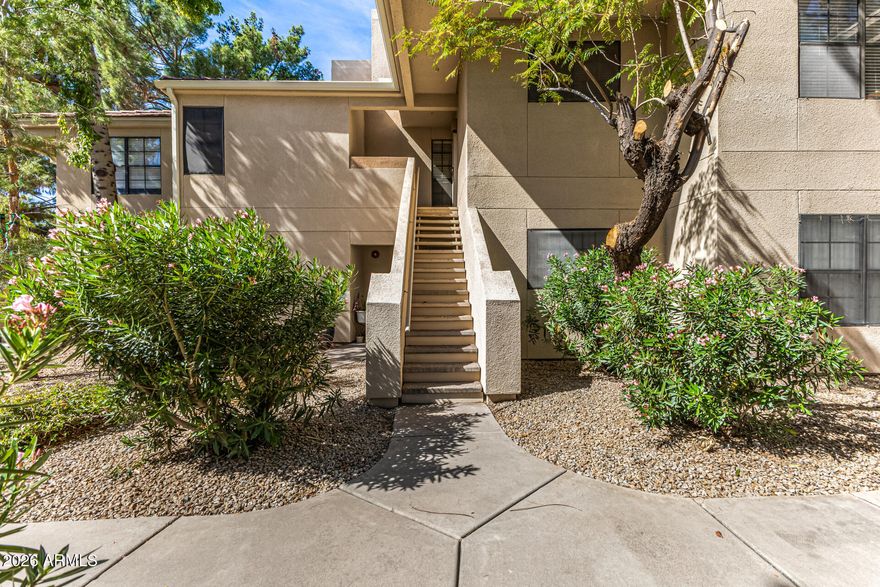 WONDERFUL PRIME LOCATION FOR THIS 2 BEDROOM /2 BATHROOM CONDO CLOSE TO  SCOTTSDALE NIGHTLIFE, SHOPPING, DINING & SERVICES. Nestled in among the lush greenery lies this open & spacious condo with vaulted ceiling & a private balcony. It has been gently occupied as a 2nd home for the last 18 years. It has a split floorplan for maximum privacy with no neighbors above. Neutral decor throughout is very inviting. There is tiled flooring in all the right places. Unwind by the pool/heated spa or out on your private balcony that overlooks mature landscaping. There is guest parking right out front as well as BBQs & the short pathway to the pool & to the clubhouse. Here is a great opportunity to own a lovely & spacious condo in a great location within the complex and also in the surrounding community.