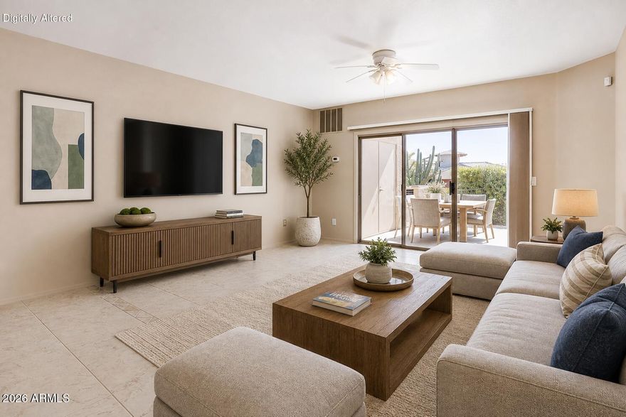 This well-kept, 7 unit, gated condo complex boasts a sparkling courtyard community pool & lovely landscaping. Walk to the Fountain, dining & shopping. Immaculate ground floor end unit with 1 car garage+ample off-street parking for 2nd cars & guests. No steps-nicely updated w designer touches & neutral colors. Spacious kit w stainless appliances, new fridge in 2023, (portable microwave), RO & lots of counter space. Open floor plan with beautiful 18'' tile thruout & on patio. Energy efficient window coverings. Master suite has a walk-in closet + a wall of closet shelving & an exit to patio. Updated lighting & faucets. Garage with custom cabinets is the 1st one left of entry gate, New water heater & water softener in 2024. New W/D in 2023. 1 year minimum on rentals. 2 pet max w 30 lb max e